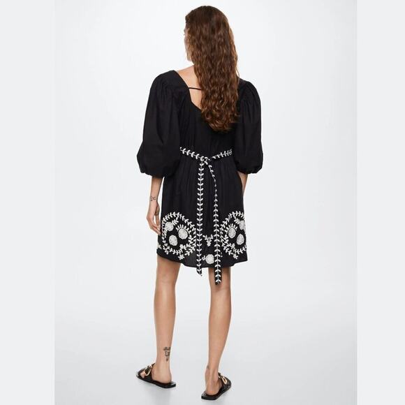 🖤 MANGO Puff Sleeve Mini Dress NWT | Embroidered Cotton Bow Back 6 - Picture 10 of 14